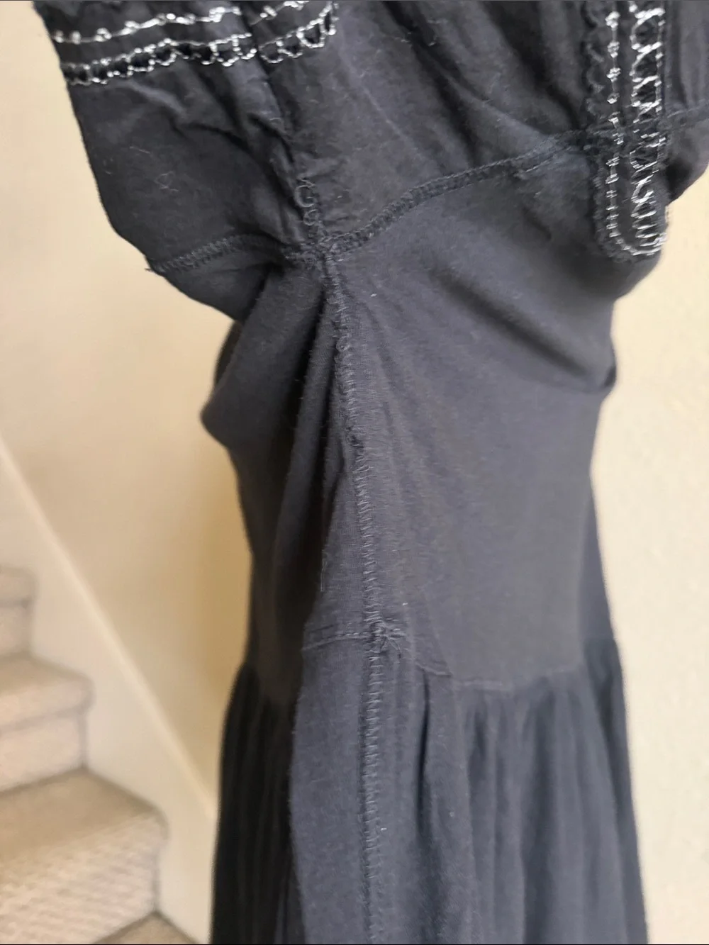 Free People Sz L Black Penny Peplum Long-Sleeve Top with Embroidered Sleeves